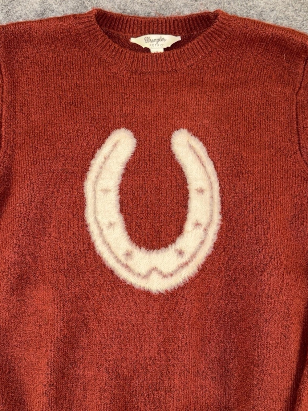 Wrangler Retro Size S Sweater Womens Rust Horseshoe Western Pullover Cottagecore - Picture 3 of 5